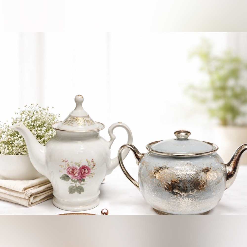 Vintage Floral Teapot Set Gibson & Blue Silver Accent Cottagecore